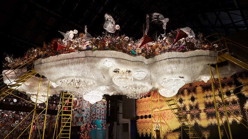 Colour photo of large-scale sculpture Crystal Cloudscape by Nick Cave displayed inside Carriageworks in Sydney.