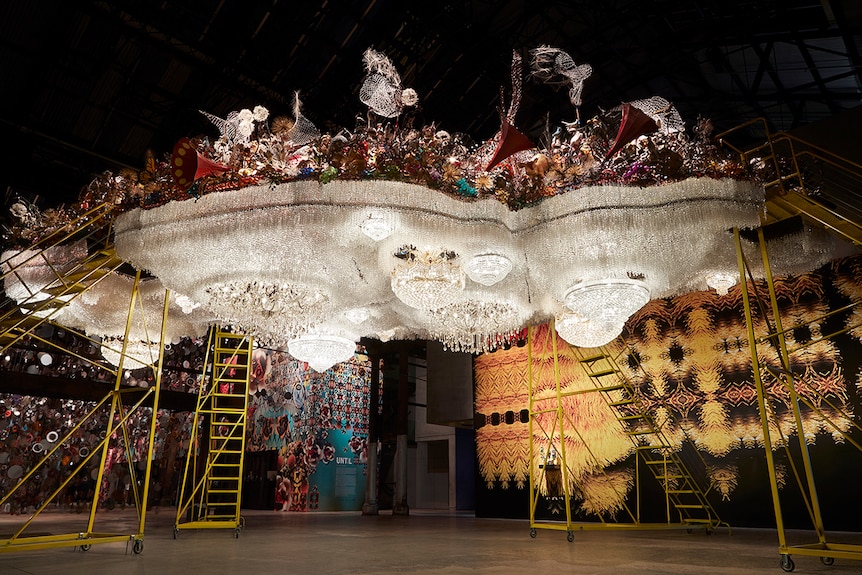 Colour photo of large-scale sculpture Crystal Cloudscape by Nick Cave displayed inside Carriageworks in Sydney.