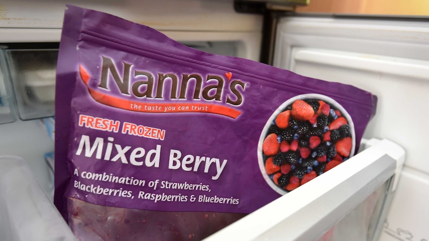 A packet of frozen Nanna's brand Mixed Berry in a freezer