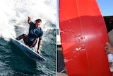 A composite image of a surfer and someone holding up a red surfboard with shark bite marks in it.