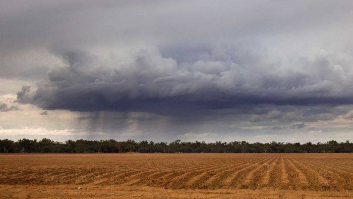 A rain cloud above a freshly ploughed paddock