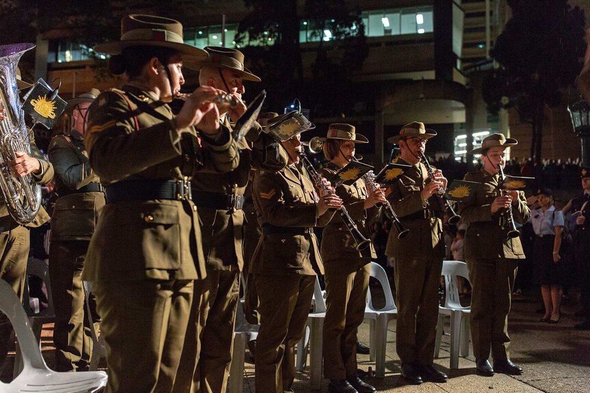 An army band plays at the Anzac Day Dawn Service at Anzac Square in Brisbane's CBD on April 25, 2017.
