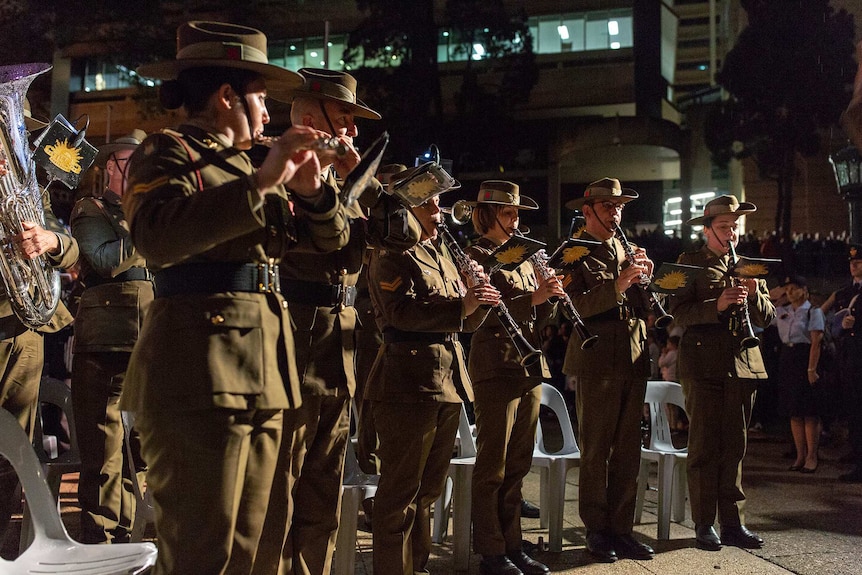 An army band plays at the Anzac Day Dawn Service at Anzac Square in Brisbane's CBD on April 25, 2017.