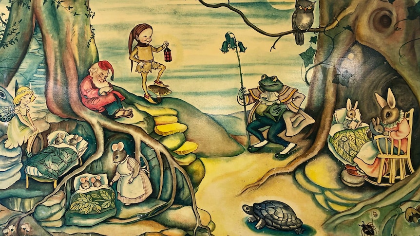 A painting depicting fairies, gnomes and forest animals preparing for bed.