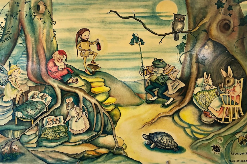 A painting depicting fairies, gnomes and forest animals preparing for bed.