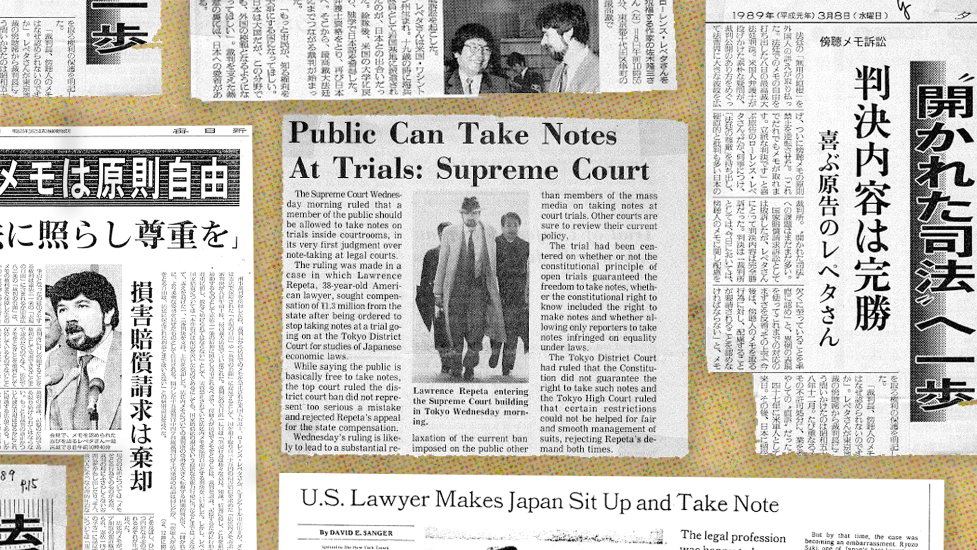 A collage of newspaper clippings covering the lawsuit.