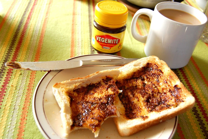 Vegemite toast with a cup of tea.