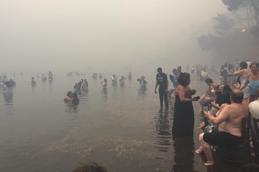 People stand in the water and on the edge of the beach as smoke fills the air.