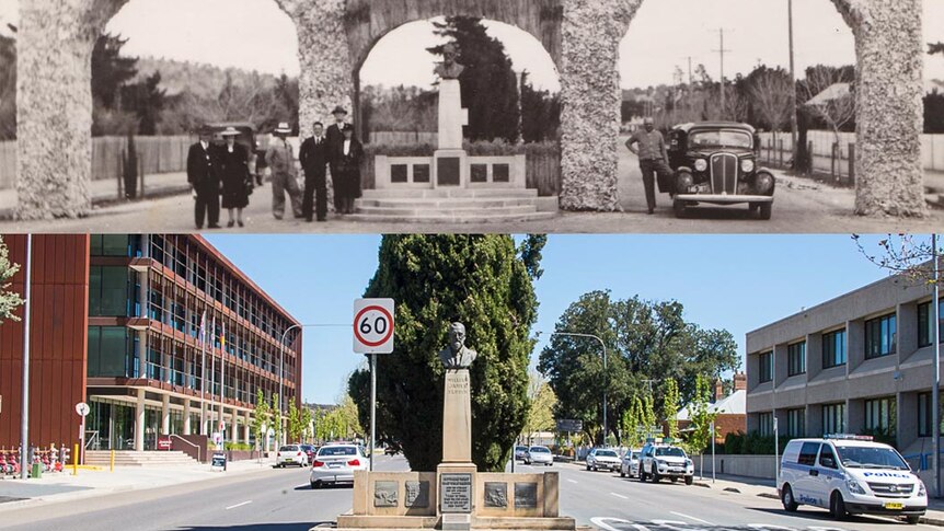 The 1938 archway celebrating Queanbeyan's 100 years in wheat and wool and how Monaro Street in Queanbeyan looks today.