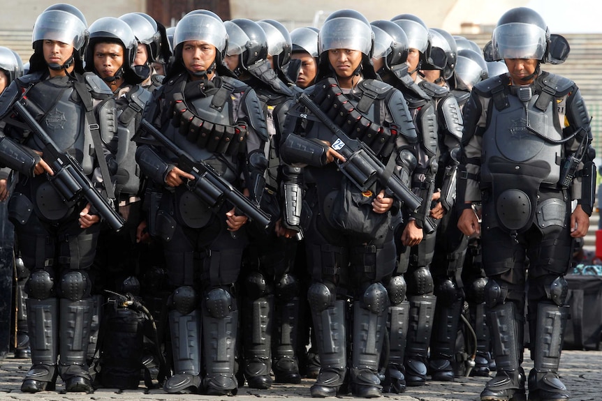 Armed police stand in lines