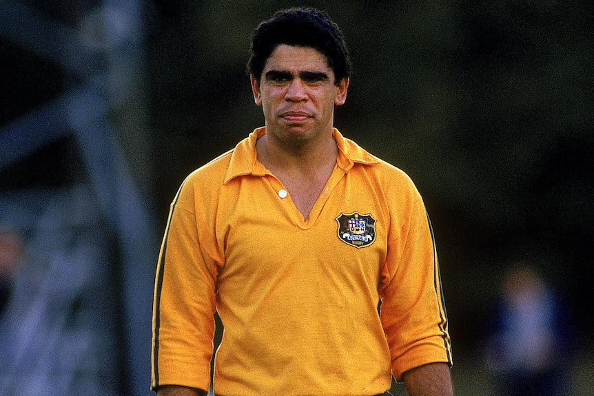 An Australian male rugby union player stands during a match in 1984.