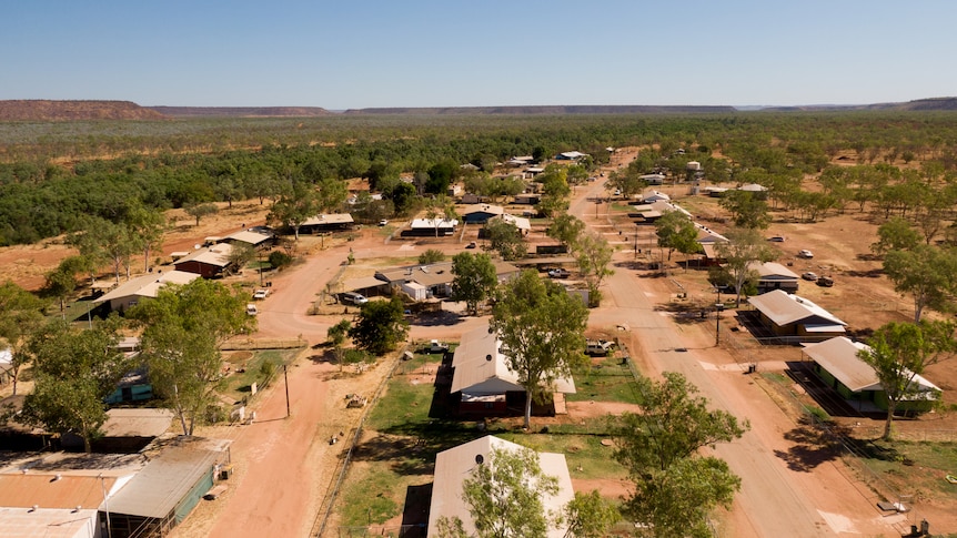 An aerial photo of houses and trees in a desert landscape.