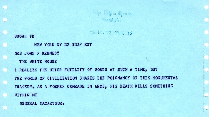Condolence letter from General Douglas MacArthur to Jacqueline Kennedy.