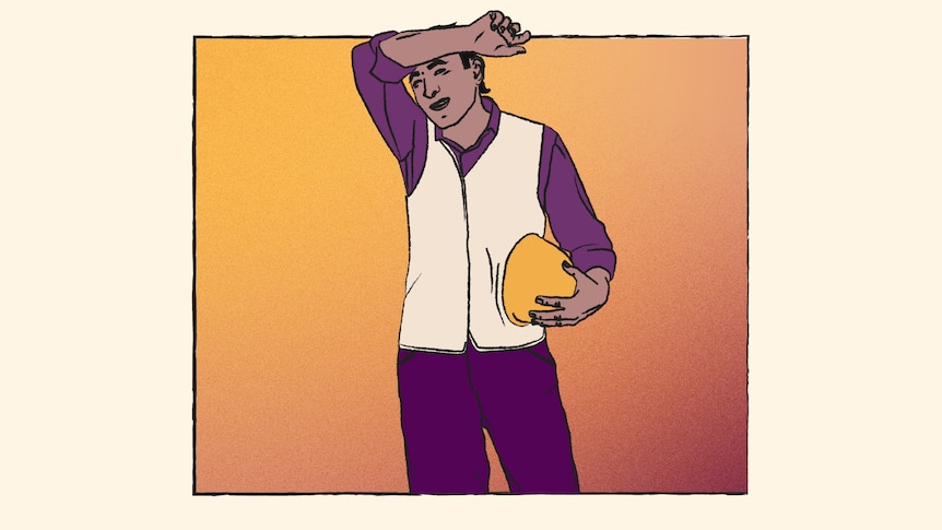 Illustration of 30 year old man sweating in workwear, background purple and yellow colour tones.