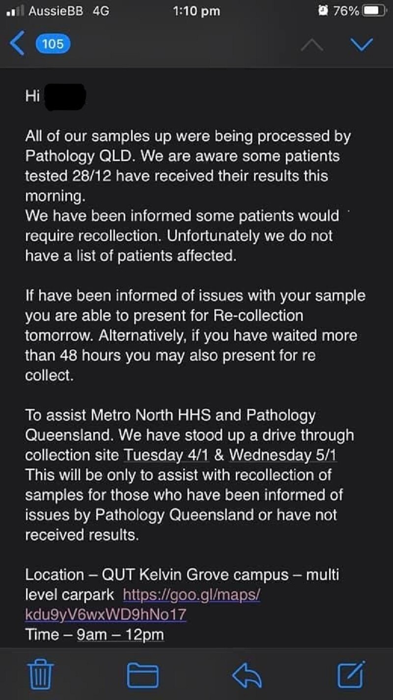 Screenshot of an email sent to someone who got tested at a COVID-19 test site.