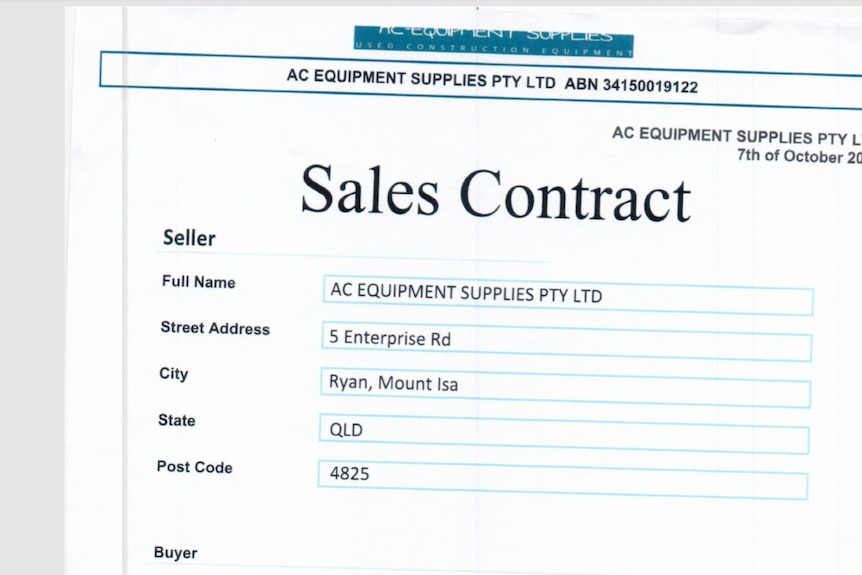A sales contract from a bogus company called AC Equipment Supplies displaying an address in Mount Isa.