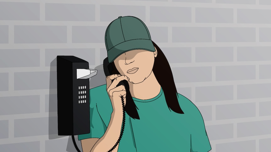 An illustration of a woman on a landline style phone wearing prison greens