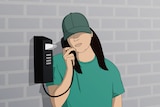 An illustration of a woman on a landline style phone wearing prison greens