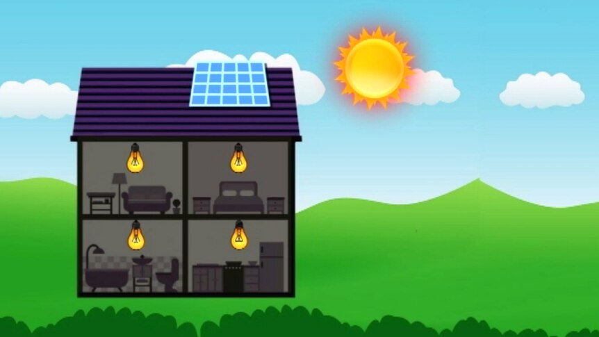 Graphic image of a house with solar panels and sun nearby to illustrate a new energy harvesting device.