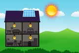 Graphic image of a house with solar panels and sun nearby to illustrate a new energy harvesting device.