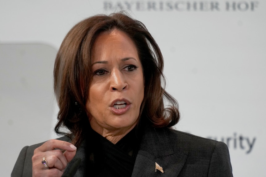 Vice President of the United States Kamala Harris speaks at the Munich Security Conference in Munich.