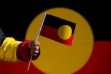 An Indigenous flag held by a hand in a yellow, red and black parka