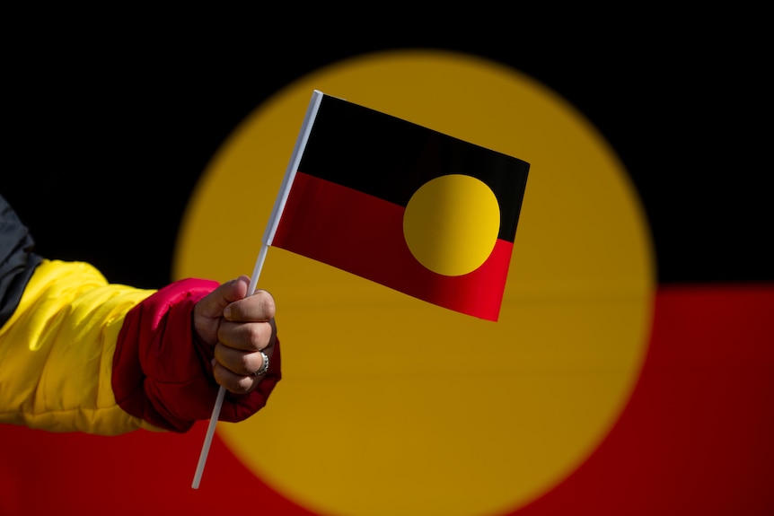 An Indigenous flag held by a hand in a yellow, red and black parka