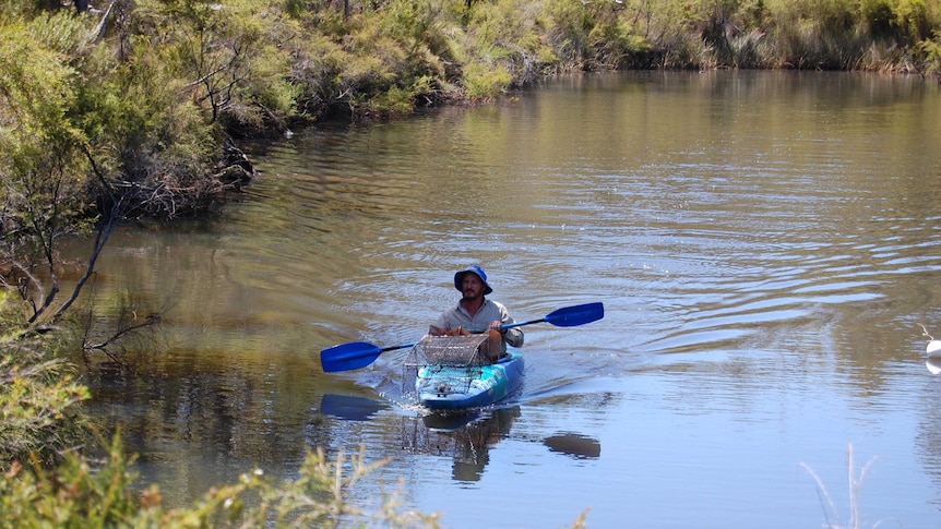 Mike Braimbridge paddling a canoe on a waterway with a marron cage on the front.