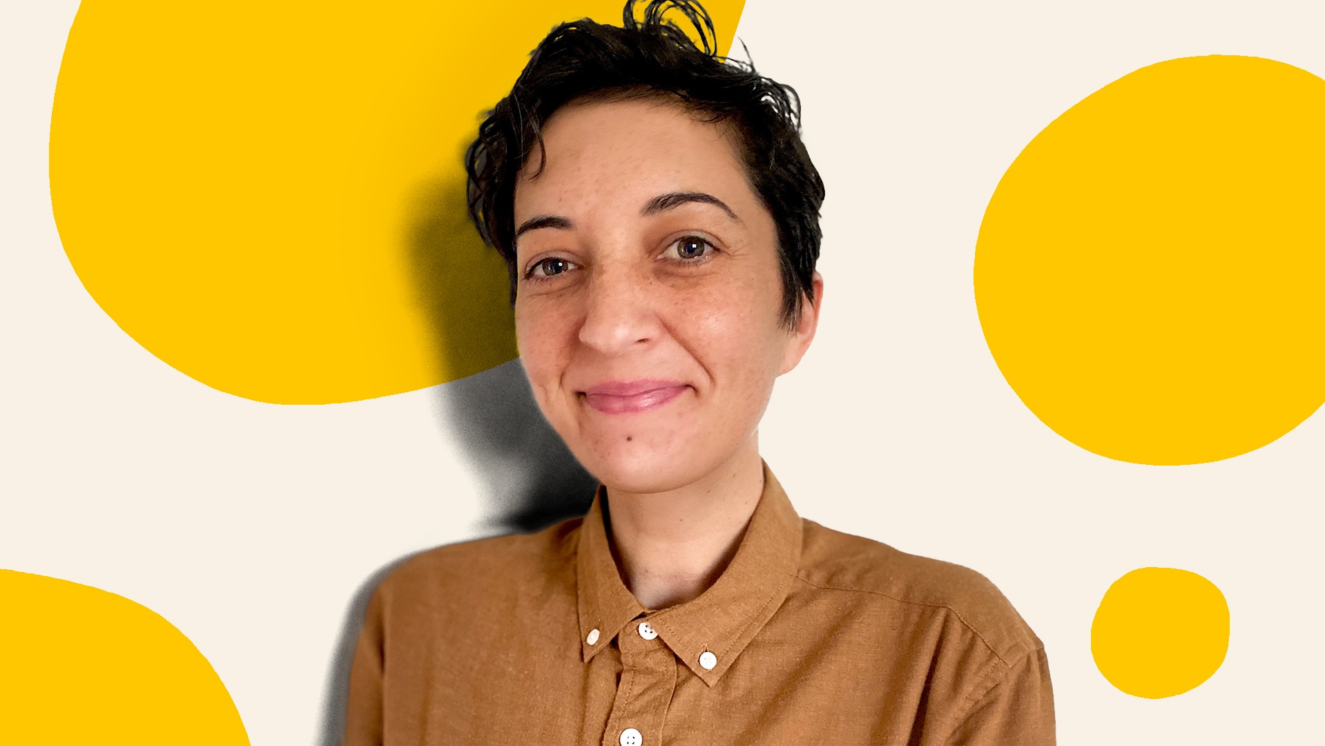 A portrait photo of Kirra Thomas, against a yellow background with large yellow circles.