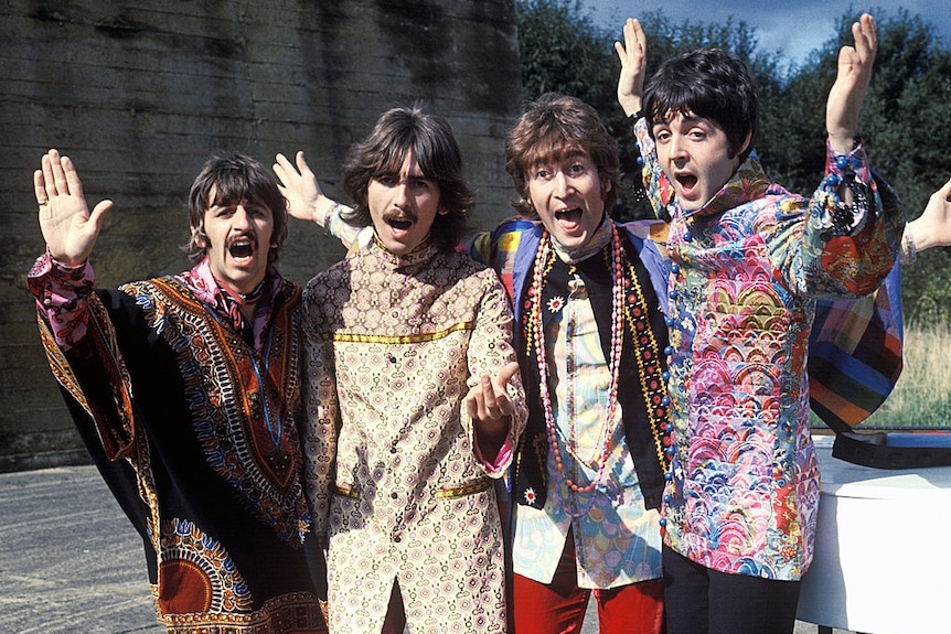The Beatles pose for a promotional photograph during their Magical Mystery Tour