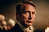 A film still of a close-up Mads Mikkelsen, a 58-year-old Danish man, with an unhappy expression, in a C18-style neckpiece.