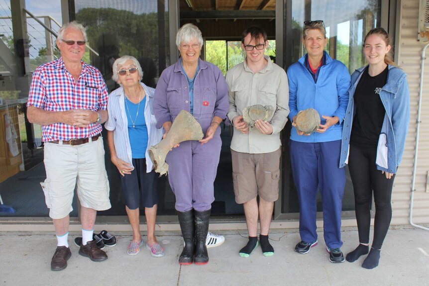 The group of four citizen scientists stand with Dr Kemper in the middle, holding bones of various sizes.