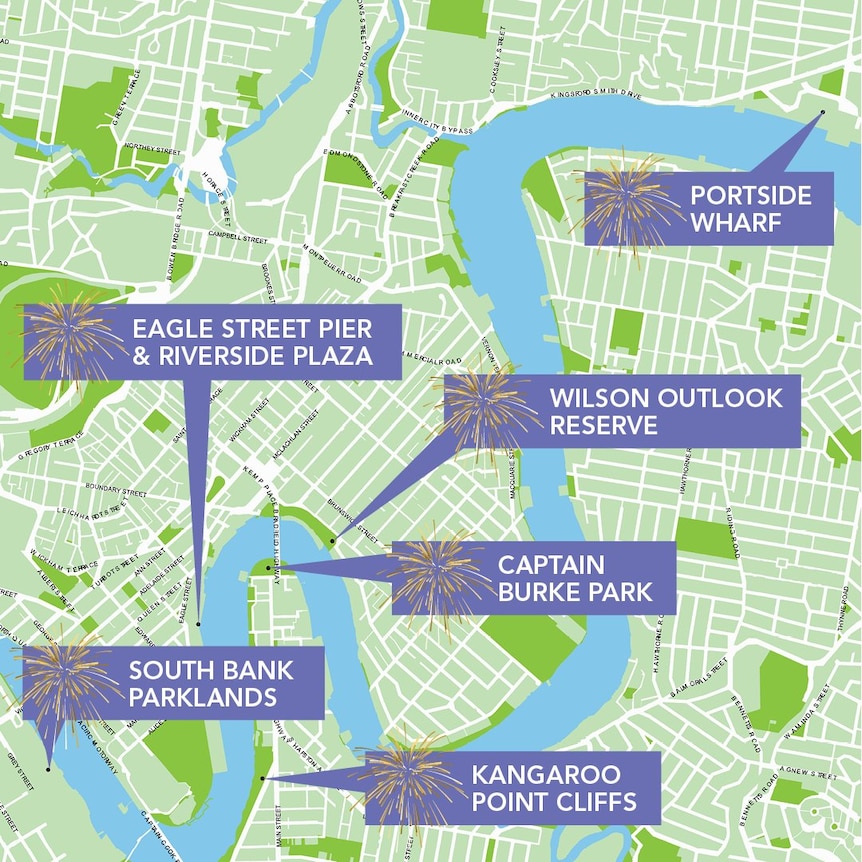 Map showing firework locations in Brisbane for NYE