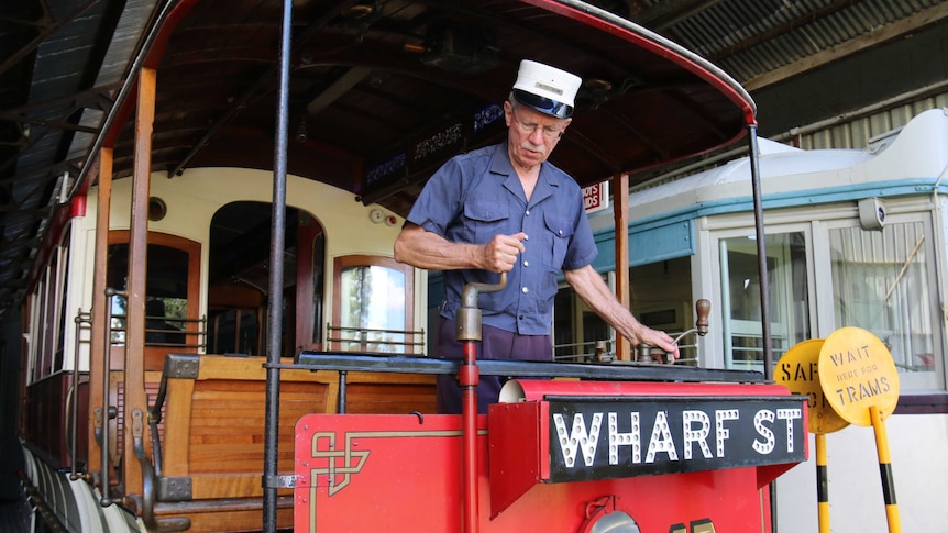 Peter Hyde aboard one of Brisbane's old trams