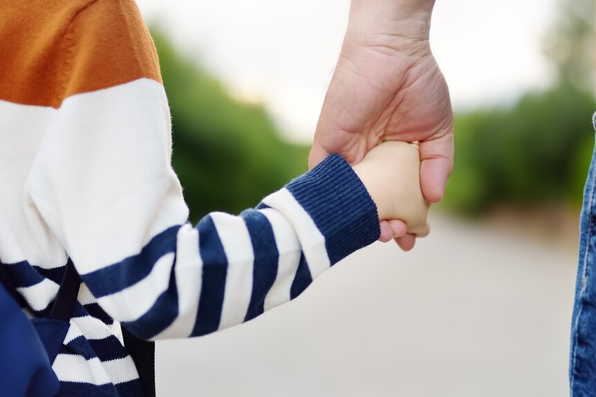 a young child wearing a blue, organge and white jumper holds a man's hand