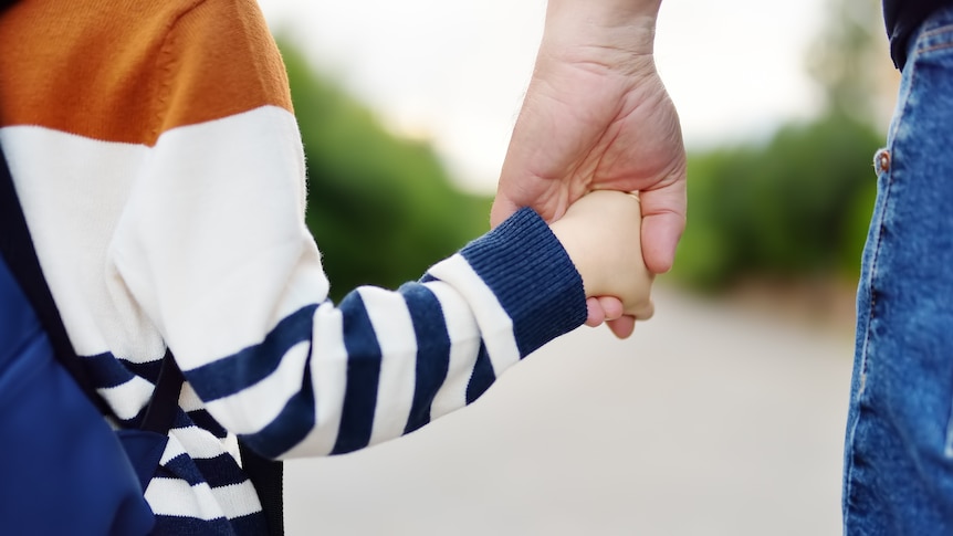 a young child wearing a blue, organge and white jumper holds a man's hand