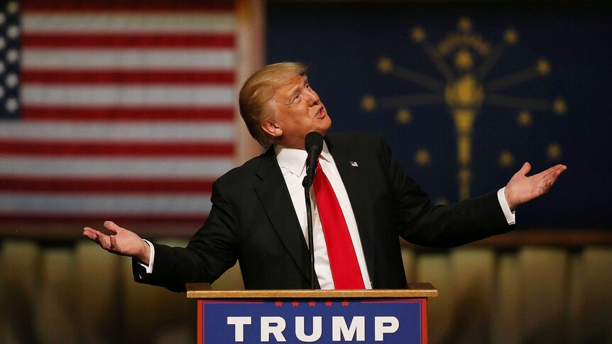 Republican presidential candidate Donald Trump speaks during a campaign stop in Carmel, Indiana.