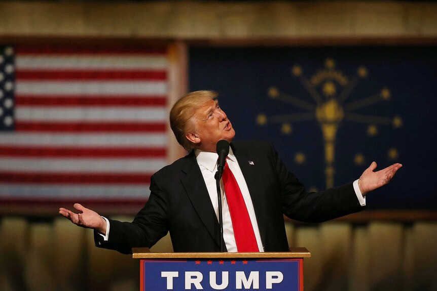Republican presidential candidate Donald Trump speaks during a campaign stop in Carmel, Indiana.