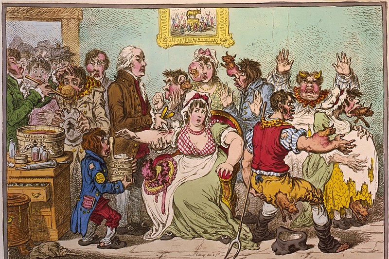 a cartoon sketch of a room full of people with cow-like features