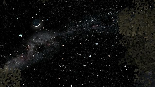 Graphic image of crescent moon and Milky Way at night