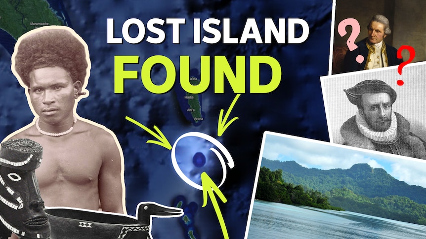 A map showing the lost island found on google maps with arrows pointing to it. 