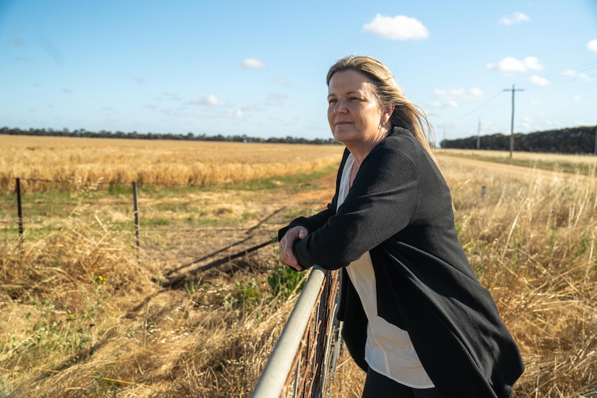 A woman looks into the distance, perched on a fence next to a grain paddock.