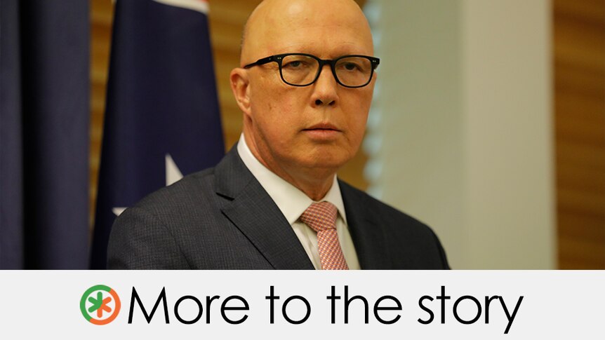 Peter Dutton wears black glasses and stands in front of an Australian flag. VERDICT: More to the story