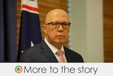 Peter Dutton wears black glasses and stands in front of an Australian flag. VERDICT: More to the story