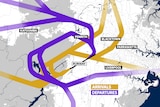 A graphic of proposed flight paths for day arrivals and departures.