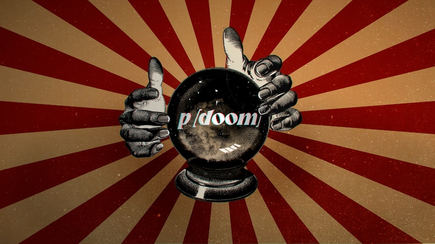 An stlised illustration showing hands around a crystal ball with the words "p/doom" inside it.
