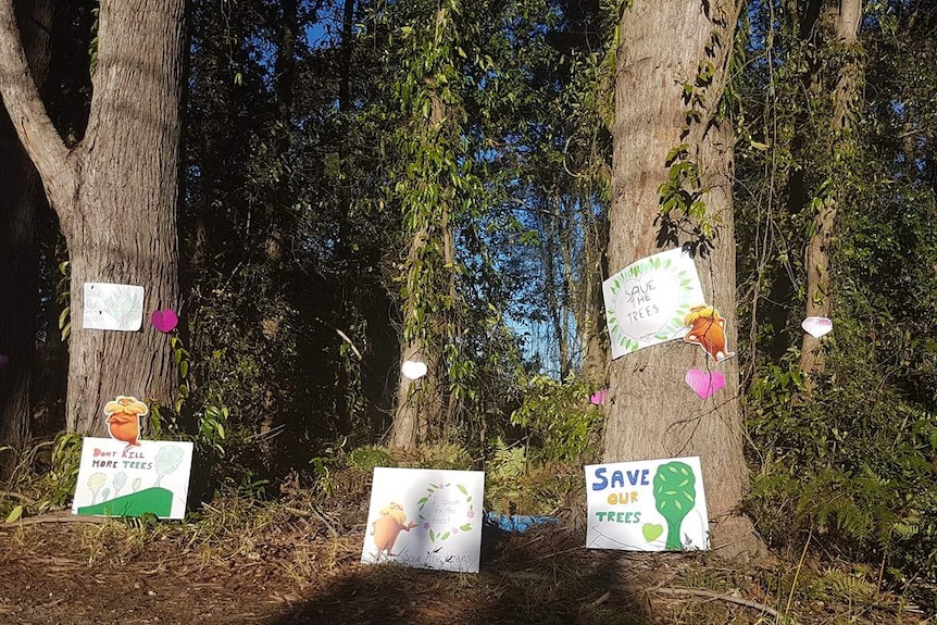 Trees with signs that read 'save our trees'.