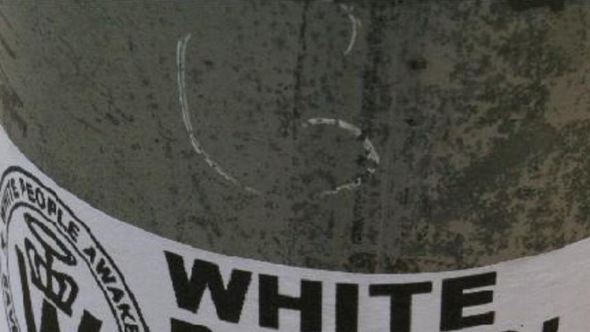 A white power sticker posted on a pole in Torquay by the Creativity Movement.