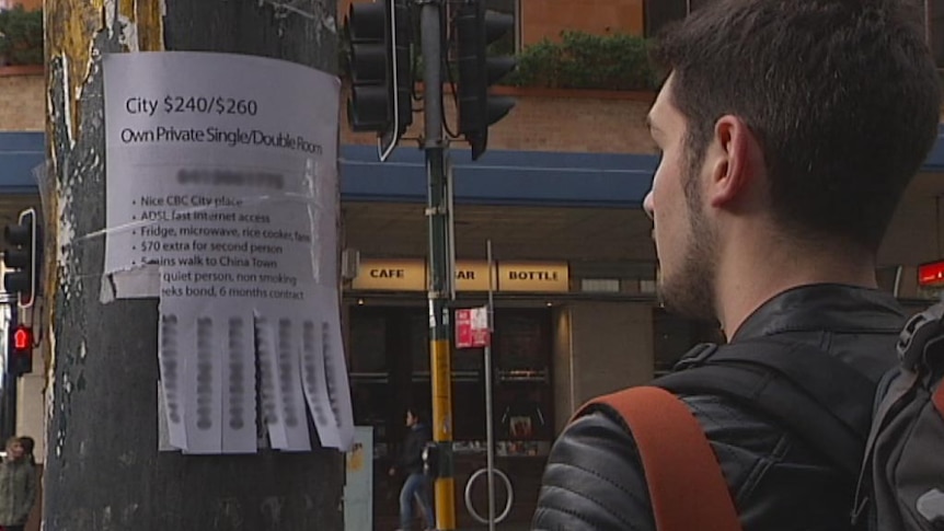 A man looks at an advertisement for a room for rent in Sydney