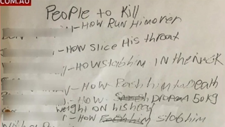 A list reportedly written by Dylan Voller that is said to show people he wanted to kill.